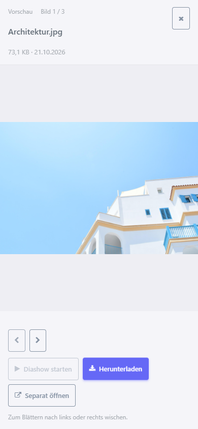 Große Webdisk-Bildansicht auf dem Handy mit Architektur-Foto, Bildzähler, Pfeilen und Diashow-Schaltfläche