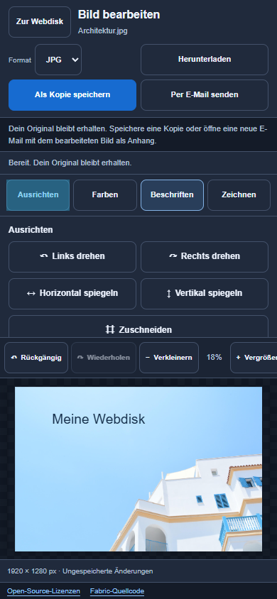 Mobile skymail Bildbearbeitung mit Werkzeugen, Zoomleiste und beschriftetem Foto in dunkler Darstellung