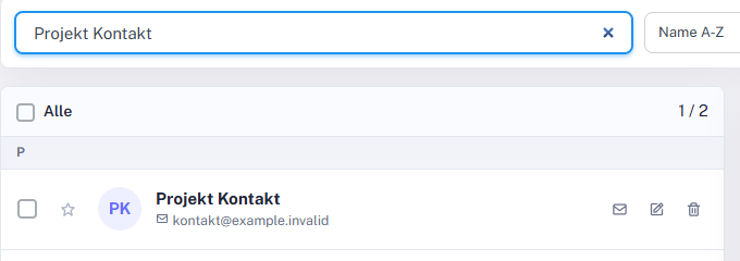 Gefiltertes Adressbuch mit einem gefundenen Kontakt