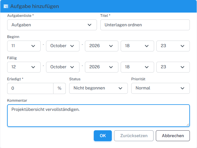 Aufgabenformular mit Titel, Terminen, Status, Priorität und Kommentar