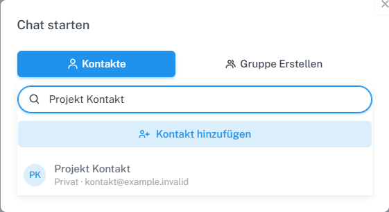 Chat-starten-Dialog mit Suchfeld und einem Treffer für den neu angelegten neutralen Kontakt Projekt Kontakt
