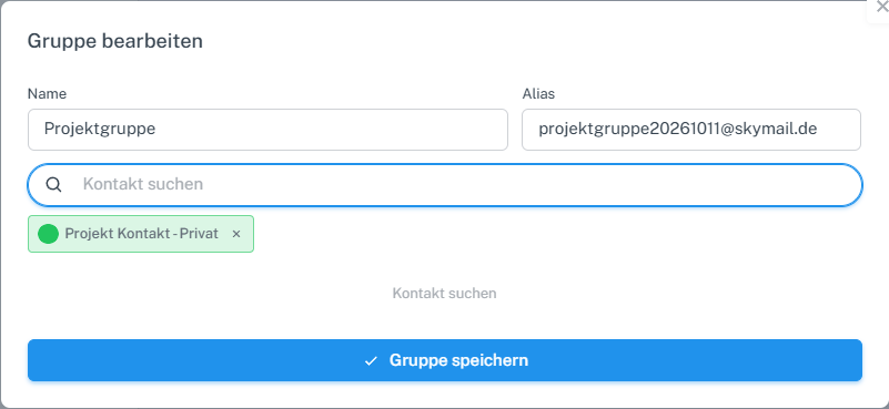Gruppen-Bearbeitungsdialog für die neutrale Projektgruppe mit Namen, schreibgeschütztem Alias und eigenem Beispielkontakt