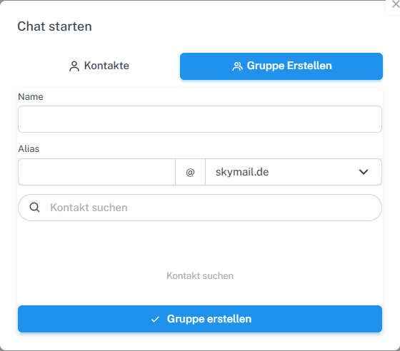 Leeres Formular zum Erstellen einer Chatgruppe mit Name, Alias und Kontaktsuche