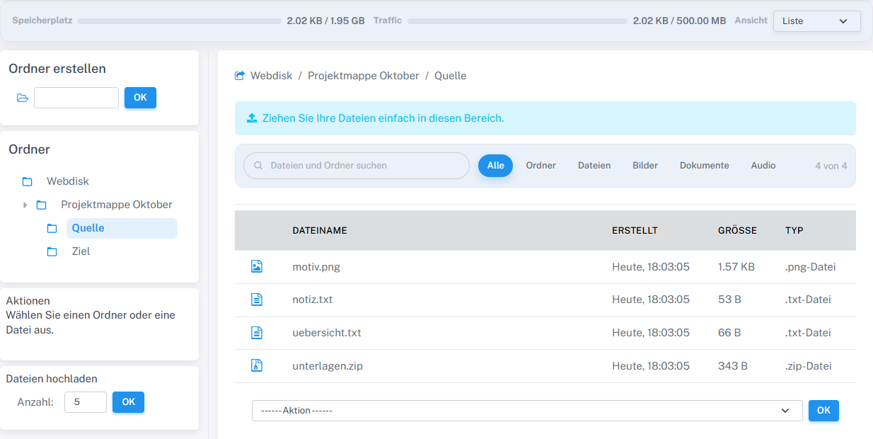 Webdisk-Liste mit Dateiname, Erstellungszeit, Größe und Typ.