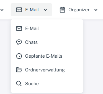 Kopfzeile des Webmails mit geöffnetem E-Mail-Menü und den Einträgen Chats und Ordnerverwaltung