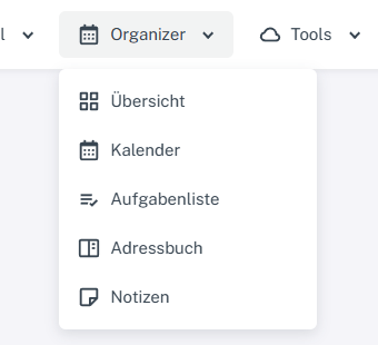 Kopfzeile des Webmails mit geöffnetem Organizer-Menü und den Einträgen Kalender, Aufgabenliste, Adressbuch und Notizen