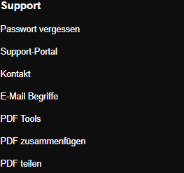 Fußbereich der öffentlichen Skymail-Startseite: Unter Support steht der Link PDF Tools