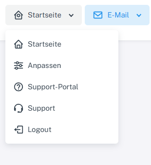 Geöffnetes Startseite-Menü mit getrennten Einträgen Support-Portal und Support