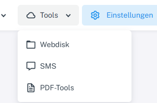 Kopfzeile des Webmails mit geöffnetem Tools-Menü und den Einträgen Webdisk, SMS und PDF-Tools