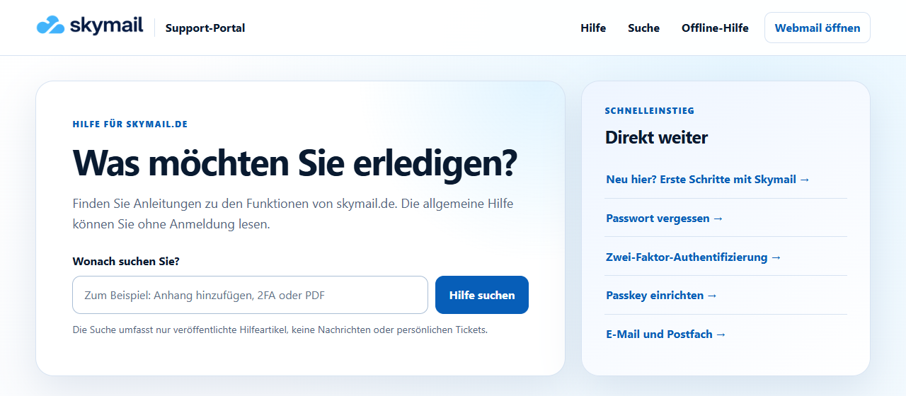 Öffentliche Support-Startseite mit Suchfeld nach Aufruf der bisherigen Hilfe-Adresse