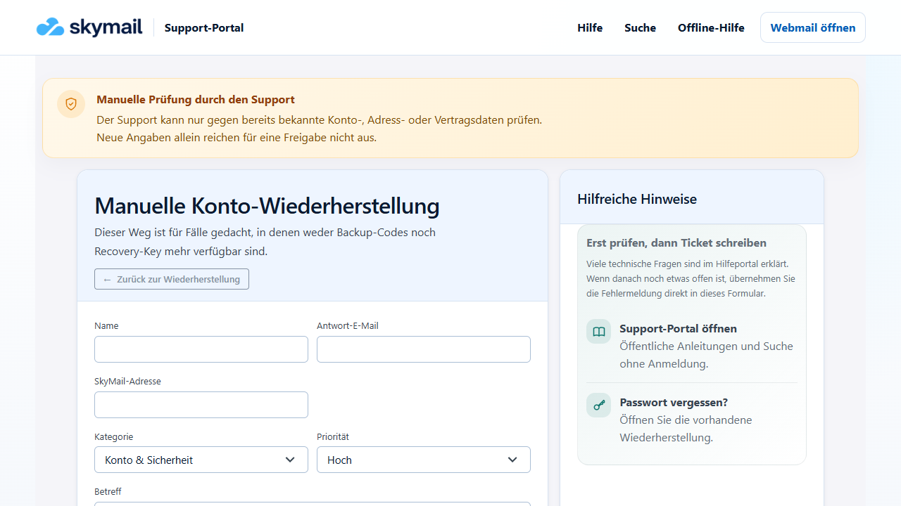 Formular zur manuellen Kontowiederherstellung mit Feldern für Name, Antwort-E-Mail und Skymail-Adresse