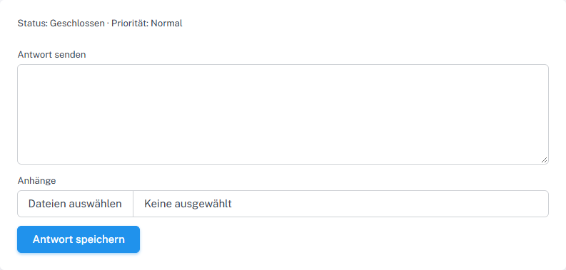 Persönliches Ticket mit Status „Geschlossen“ und weiterhin sichtbarem Antwortfeld