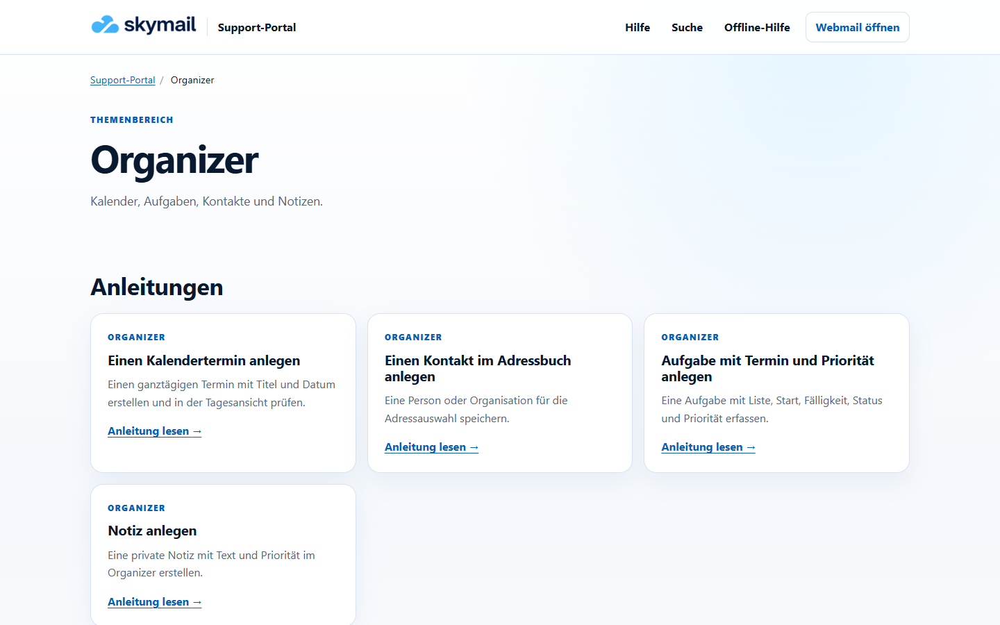 Themenbereich „Organizer“ mit einer Liste verfügbarer Hilfeartikel