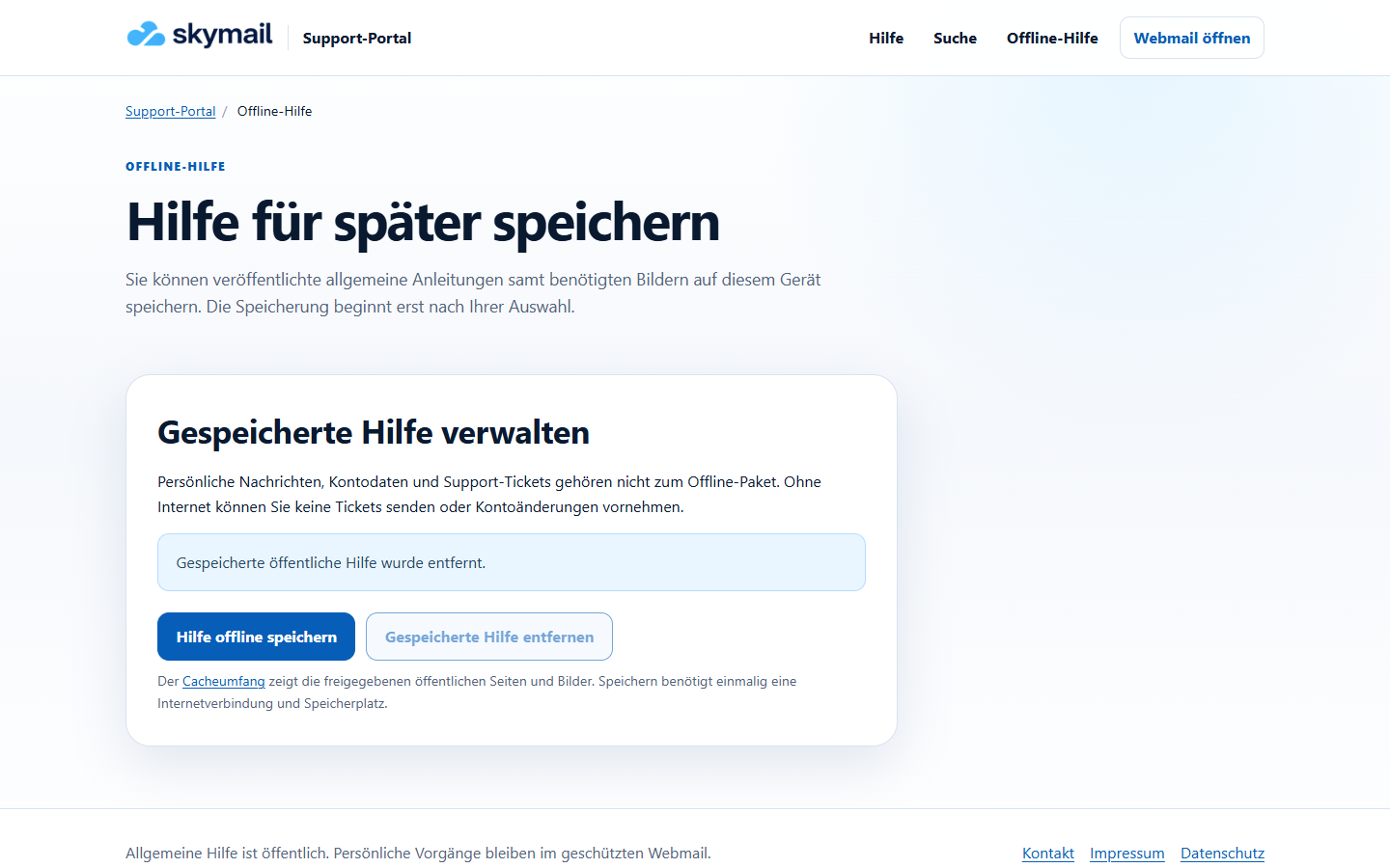 Offline-Verwaltung nach dem Entfernen der gespeicherten öffentlichen Hilfe ohne Internet