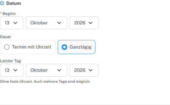 Kalenderformular mit Beginn am 13. Oktober 2026, ganztägiger Dauer und gleichem letztem Tag
