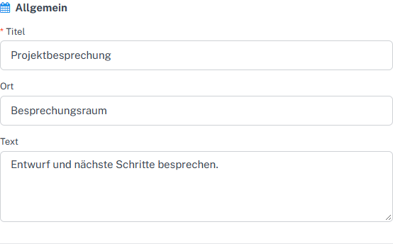 Kalenderformular mit Titel, Ort und Beschreibung eines Termins