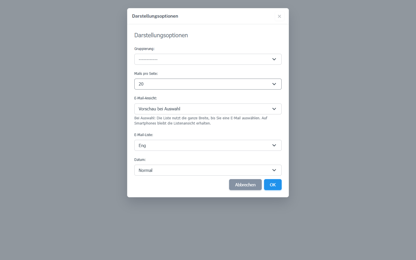 Dialog Darstellungsoptionen mit dem Feld E-Mail-Ansicht und ausgewählter Vorschau bei Auswahl