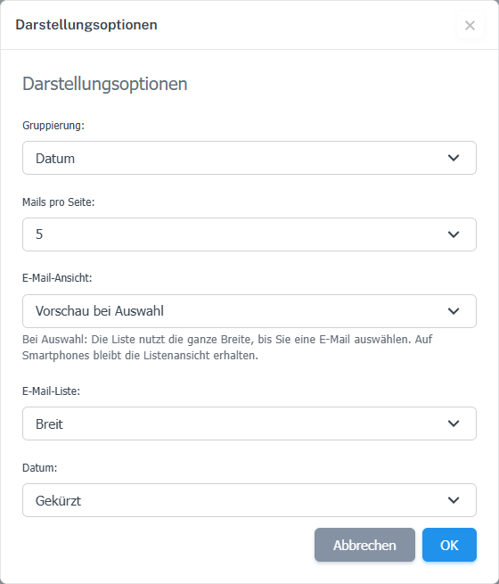 Darstellungsoptionen mit E-Mail-Liste Breit