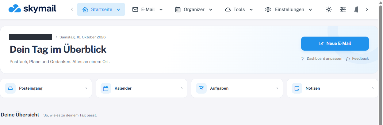 Startseite des Webmails mit „Neue E-Mail“, „Dashboard anpassen“ und Schnellzugriffen.