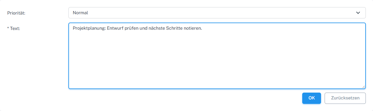 Notizformular mit Priorität „Normal“ und ausgefülltem Textfeld