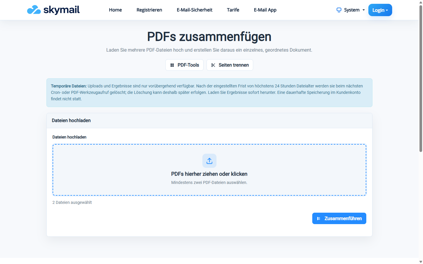 PDFs zusammenfügen: zwei Dateien sind ausgewählt; darunter stehen „2 Dateien ausgewählt“ und die Schaltfläche „Zusammenführen“