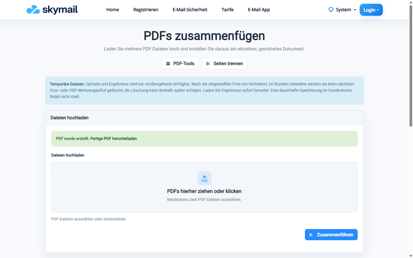 PDFs zusammenfügen: Bestätigung PDF wurde erstellt und Schaltfläche Fertige PDF herunterladen