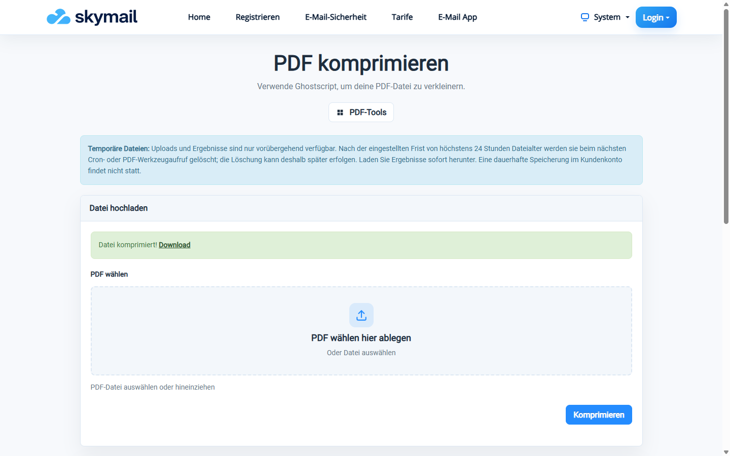 PDF komprimieren: Bestätigung Datei komprimiert und Download-Link