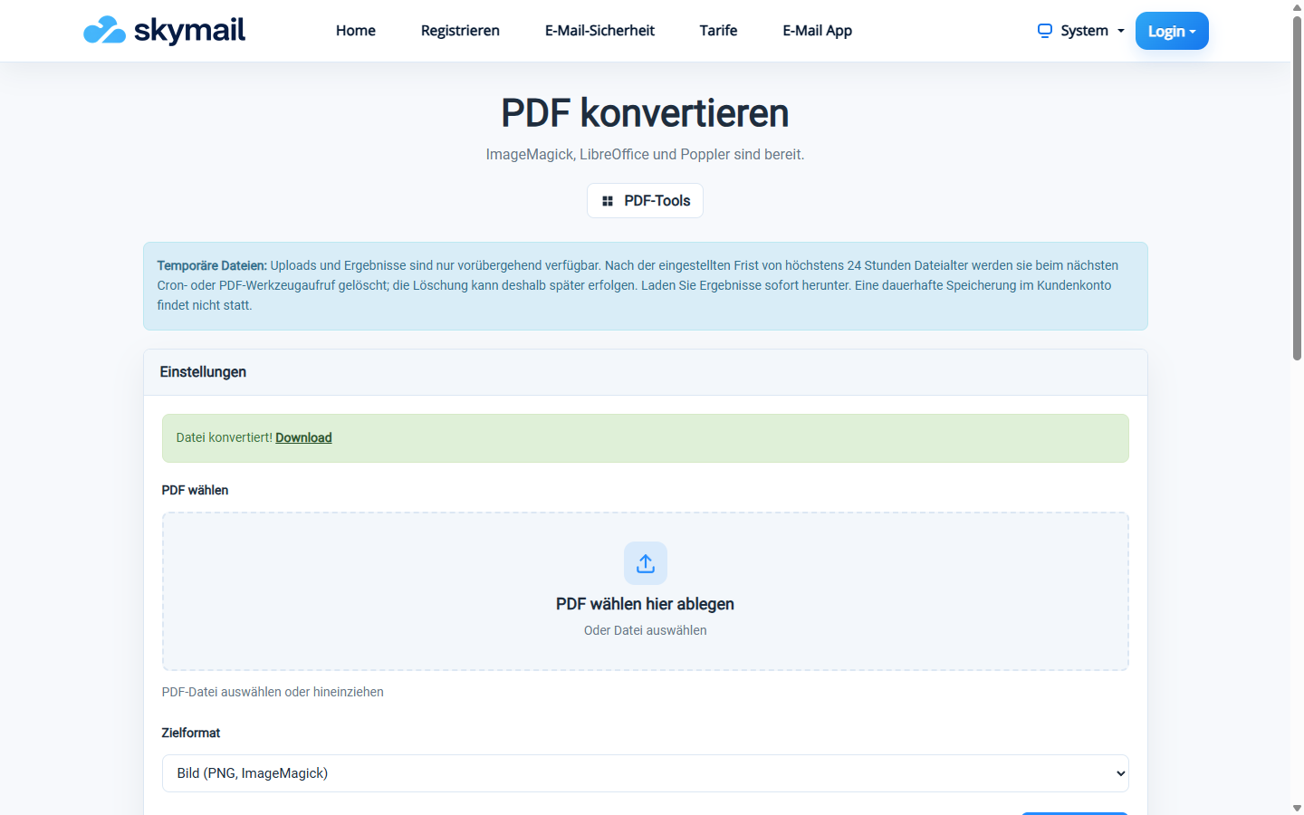 PDF konvertieren: erfolgreiche Bildausgabe im PNG-Modus mit Download-Link