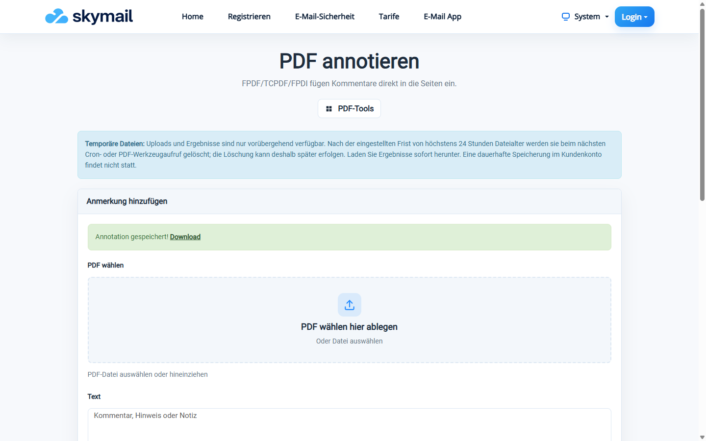 PDF annotieren: Bestätigung Annotation gespeichert und Download-Link