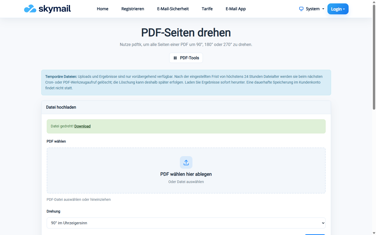 PDF-Seiten drehen: Bestätigung Datei gedreht und Download-Link
