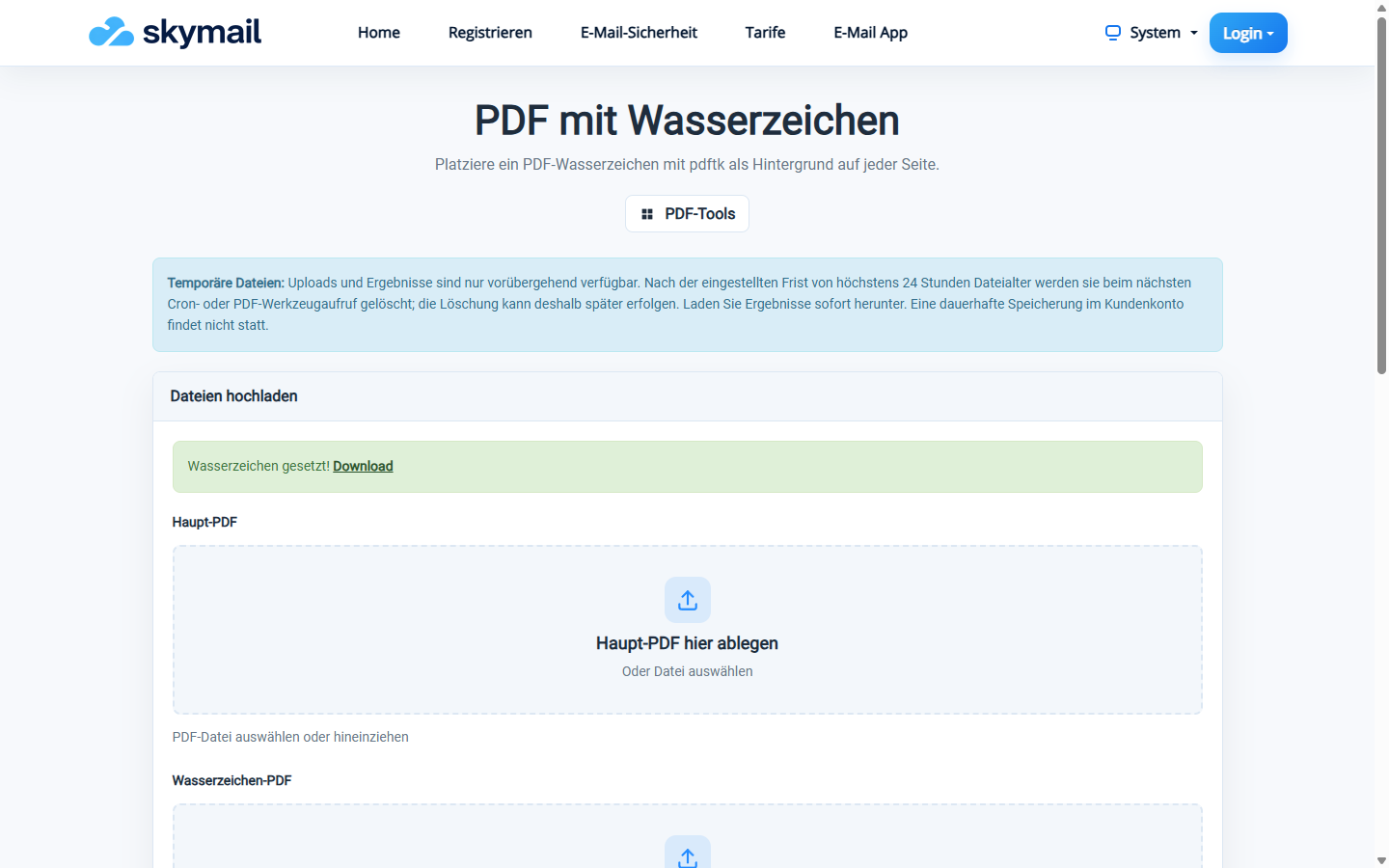 PDF mit Wasserzeichen: Bestätigung Wasserzeichen gesetzt und Download-Link