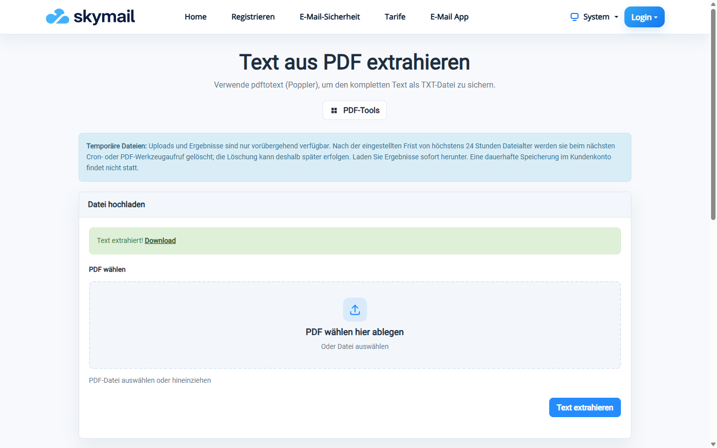 Text aus PDF extrahieren: Bestätigung Text extrahiert und Download-Link