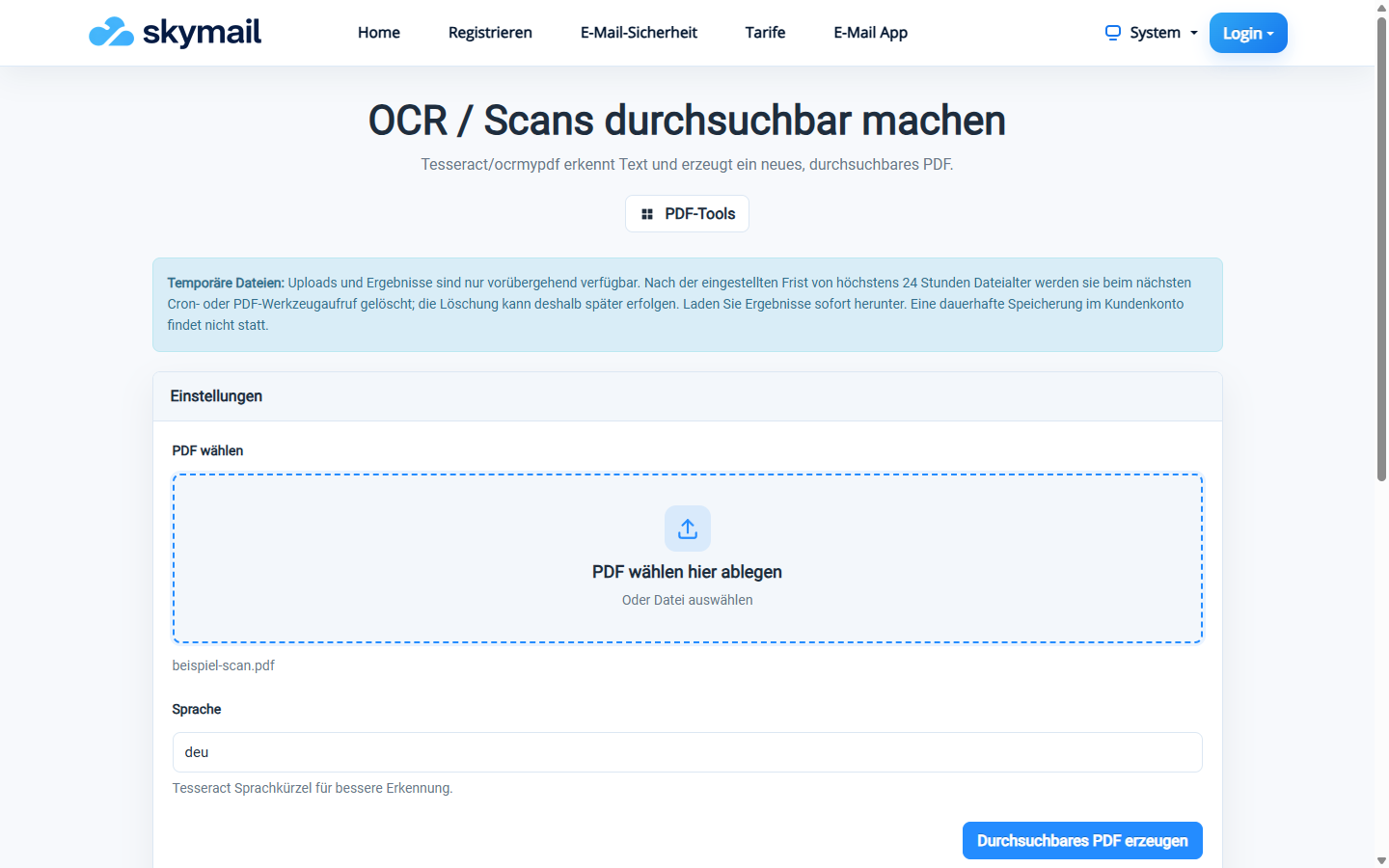 OCR-Werkzeug mit ausgewählter Scan-PDF und Sprache „deu“ für Deutsch