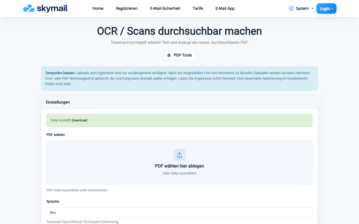 OCR-Werkzeug bestätigt Datei erstellt und bietet Download