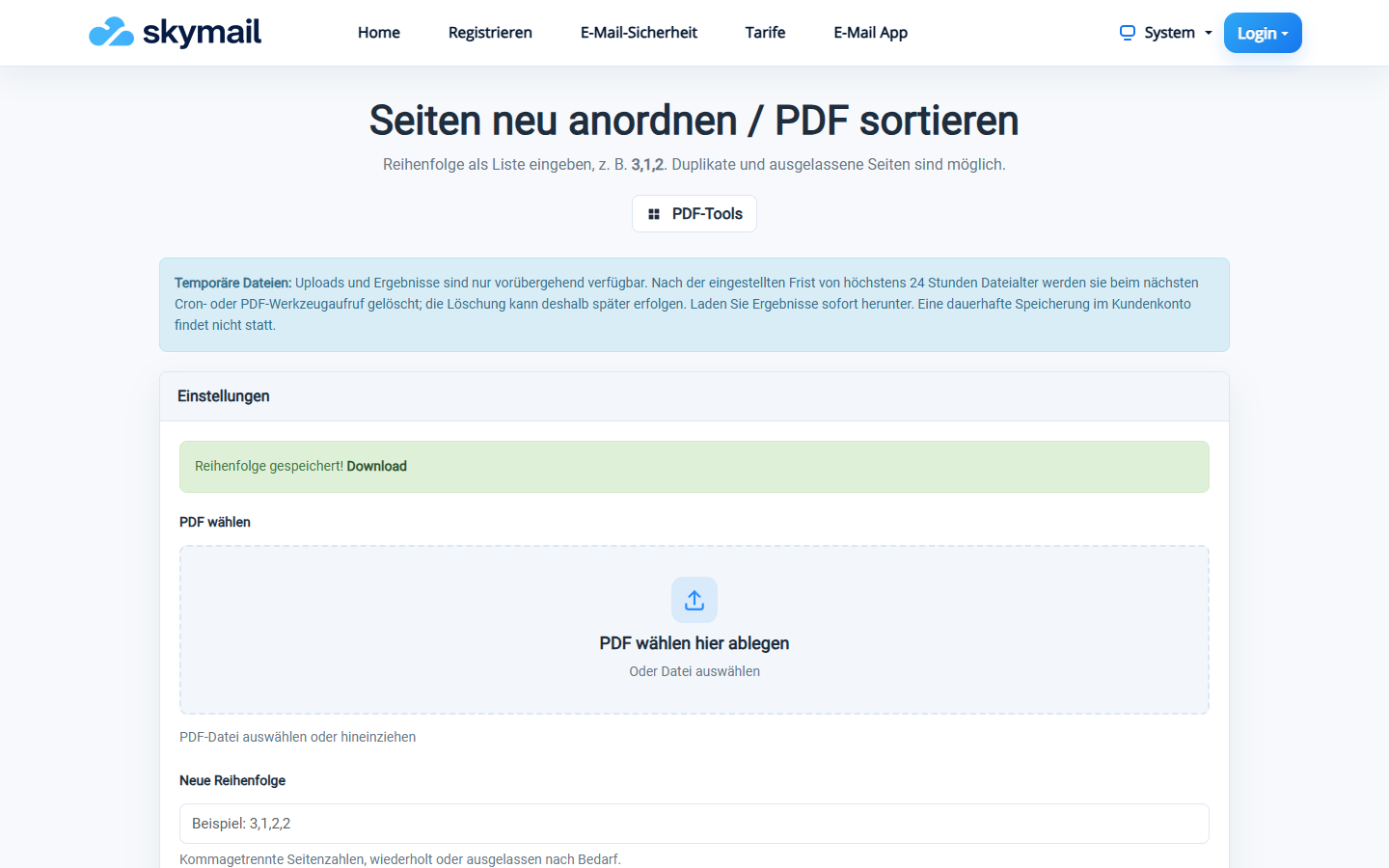 PDF-Werkzeug bestätigt Reihenfolge gespeichert und bietet Download