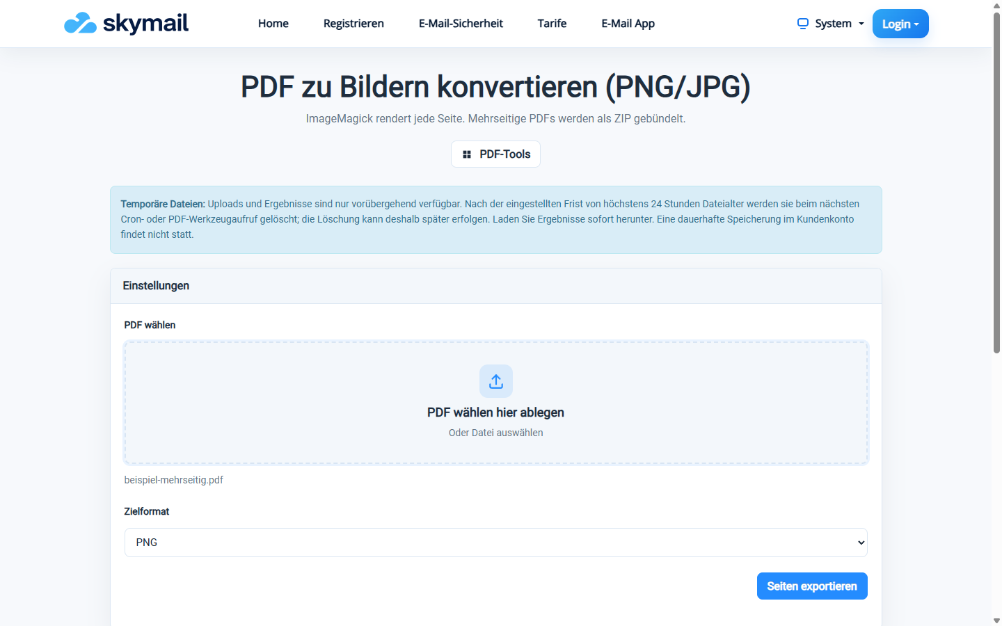 PDF-Seiten als Bilder exportieren mit ausgewähltem Zielformat PNG