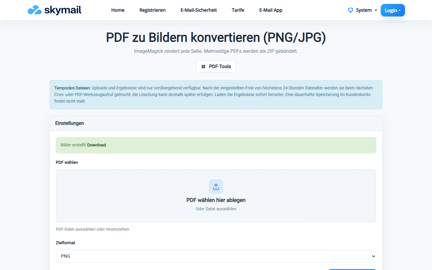 PDF-Werkzeug bestätigt Bilder erstellt und bietet ZIP-Download