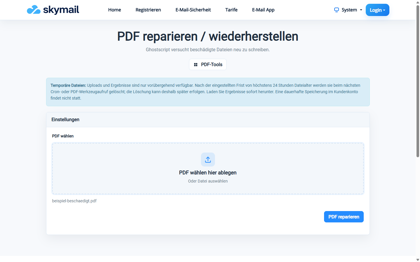 PDF-Reparaturwerkzeug mit ausgewählter beschädigter PDF-Datei
