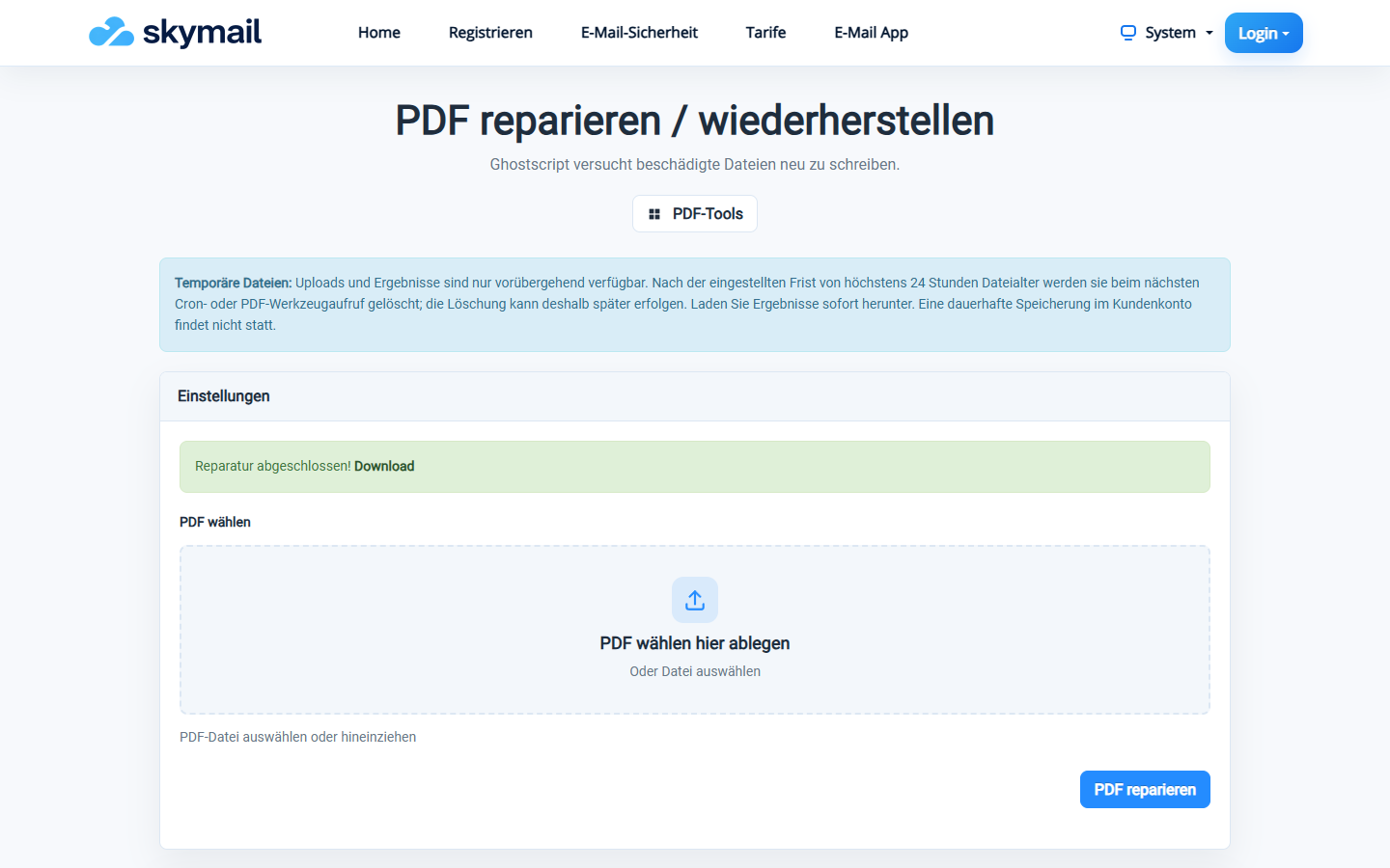 PDF-Werkzeug bestätigt Reparatur abgeschlossen und bietet Download