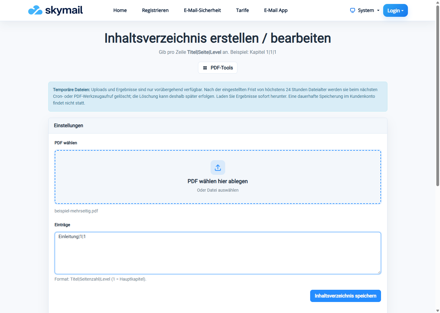 PDF-Inhaltsverzeichnis mit einem Lesezeichen-Eintrag aus Titel, Zielseite und Ebene