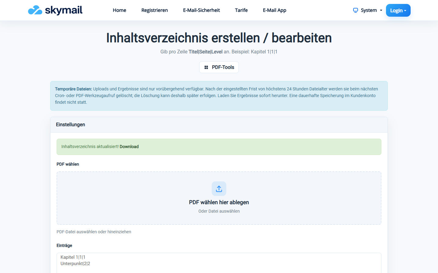 PDF-Werkzeug bestätigt Inhaltsverzeichnis aktualisiert und bietet Download