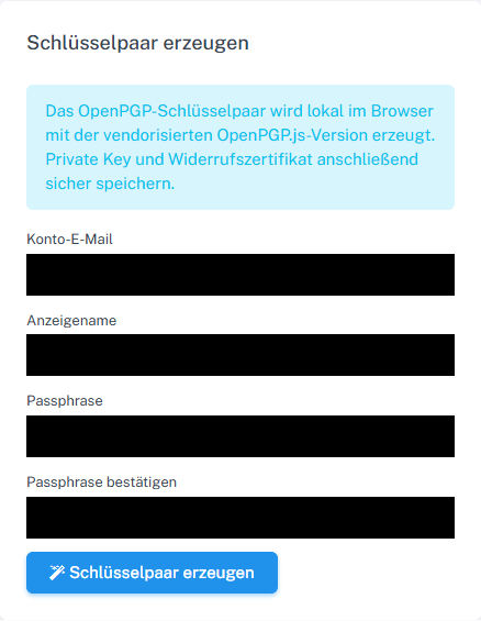 Formular zur OpenPGP-Schlüsselerzeugung mit geschwärzten Konto- und Passphrase-Feldern