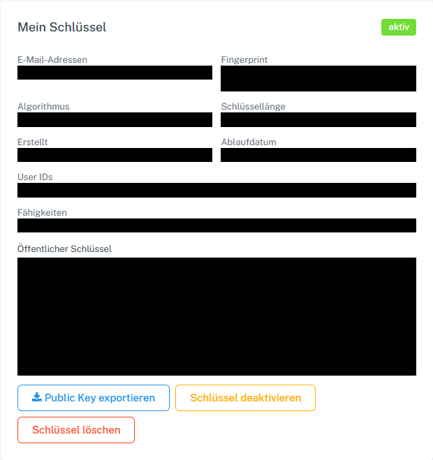 Aktiver eigener OpenPGP-Schlüssel mit Schaltfläche Public Key exportieren und geschwärzten Schlüsseldaten