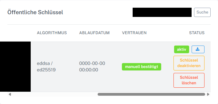 Aktionen zum Deaktivieren und Löschen eines öffentlichen Schlüssels mit geschwärzter Identität