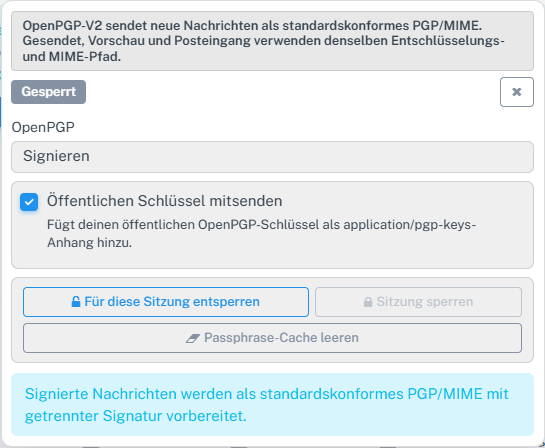 OpenPGP-V2-Verfassen-Bereich mit ausgewähltem Modus Signieren und PGP/MIME-Hinweis
