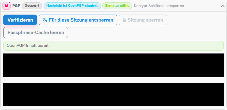 OpenPGP-Lesebereich mit Status Signatur gültig und geschwärzten Nachrichten- und Schlüsseldaten