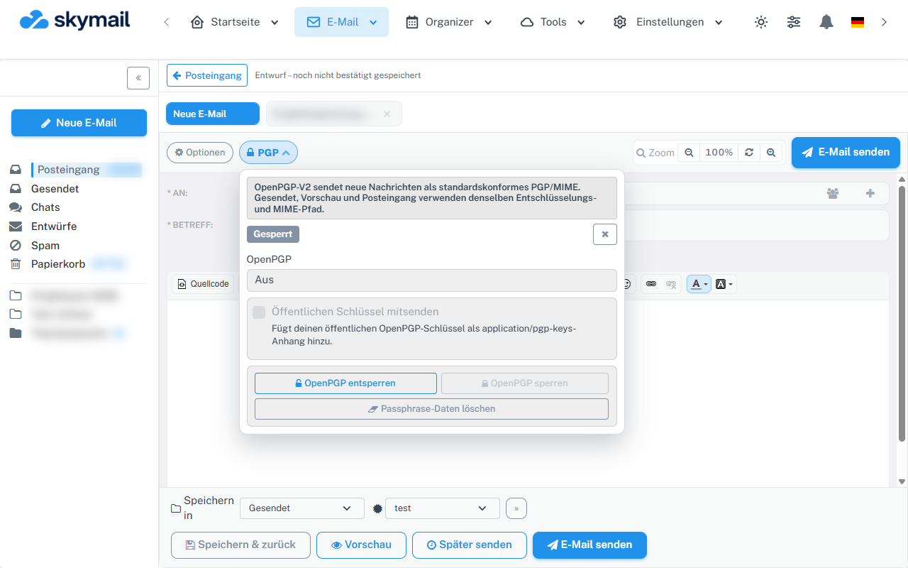 Webmail-Verfassen-Fenster mit Schaltfläche Neue E-Mail und geöffnetem PGP-Menü; Ordner und anderer Entwurf sind unkenntlich