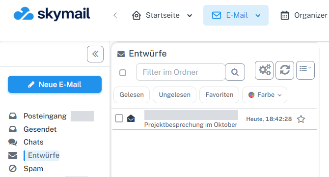 Webmail-Kopfzeile mit E-Mail und linker Navigation mit Neue E-Mail, Posteingang und Entwürfe; nur eigener neutraler Entwurf in der Liste