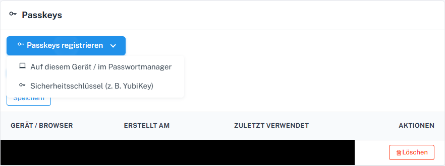 Passkey-Registrierung mit Auswahl für Gerät/Passwortmanager oder Sicherheitsschlüssel; vorhandener Listeneintrag geschwärzt