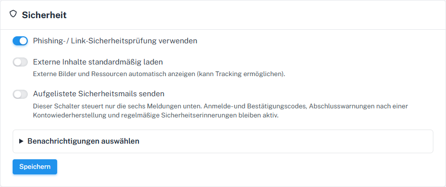 Sicherheitskarte mit ausgeschaltetem Hauptschalter für aufgelistete Sicherheitsmails